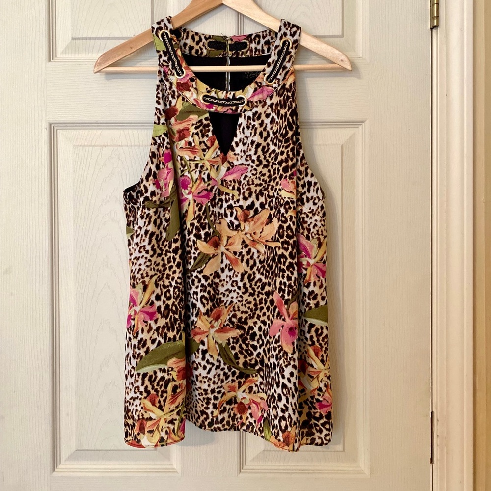 Thalia Sodi Animal-Floral Print Sleeveless Top with Gold Chain